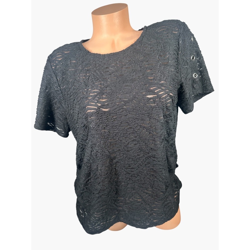 Alfred Dunner Medium Womens Top Black Semi-Sheer Short Sleeve Stretch Textured